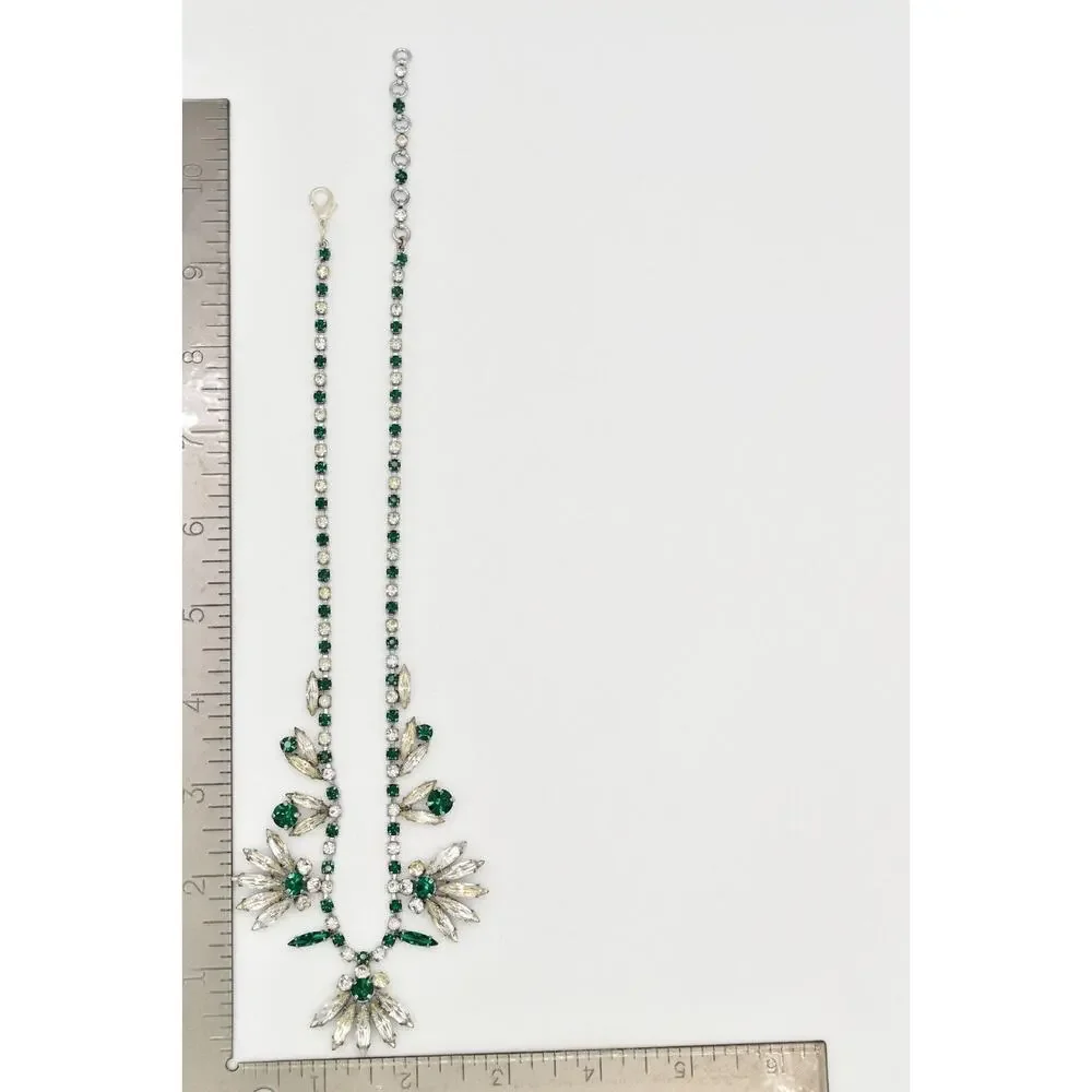 Vintage Crystal Collar Necklace Green Marquise Floral Prong Rhinestone BinBL